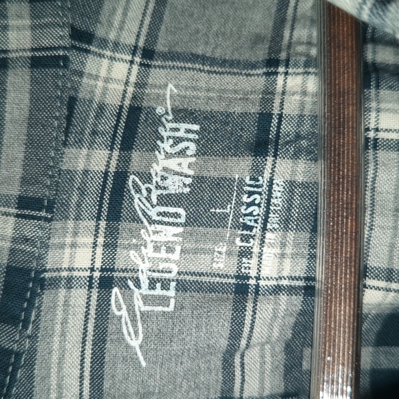 Eddie Bauer Button Down Shirt. Green, Gray, and White plaid pattern. - Picture 2 of 3